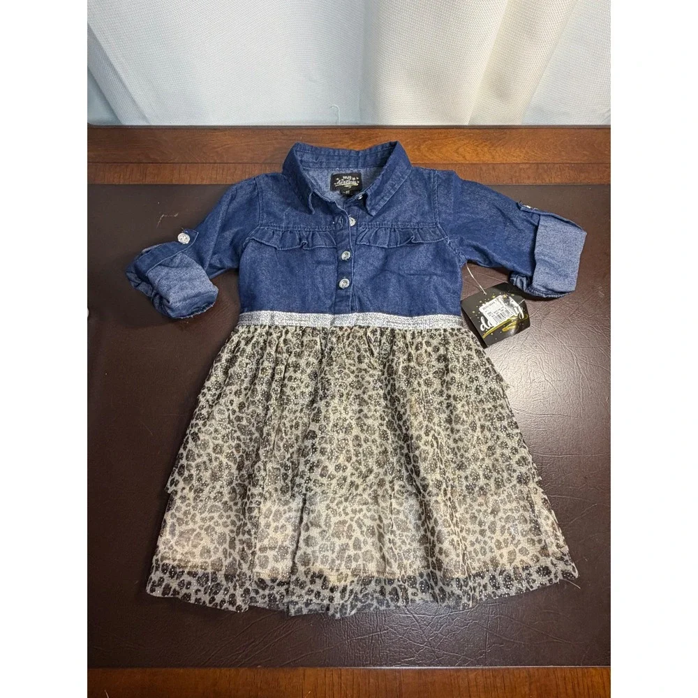 My Destiny Girls Denim and Leopard Tulle Tiered Dress 2T Blue Tan 35020 NWT